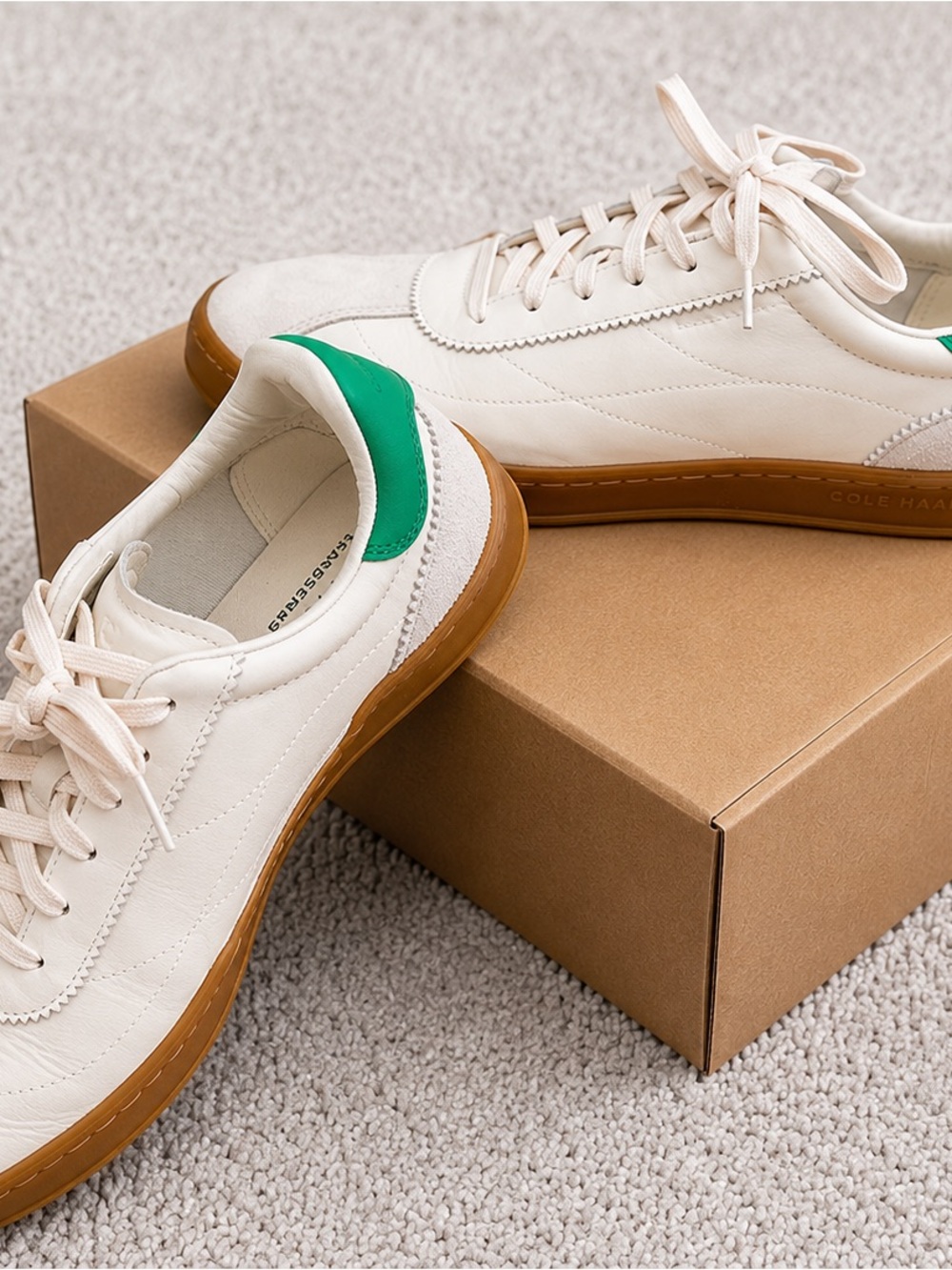 Cole Haan Cream Leather Sneakers with Green Heel and Gum Sole